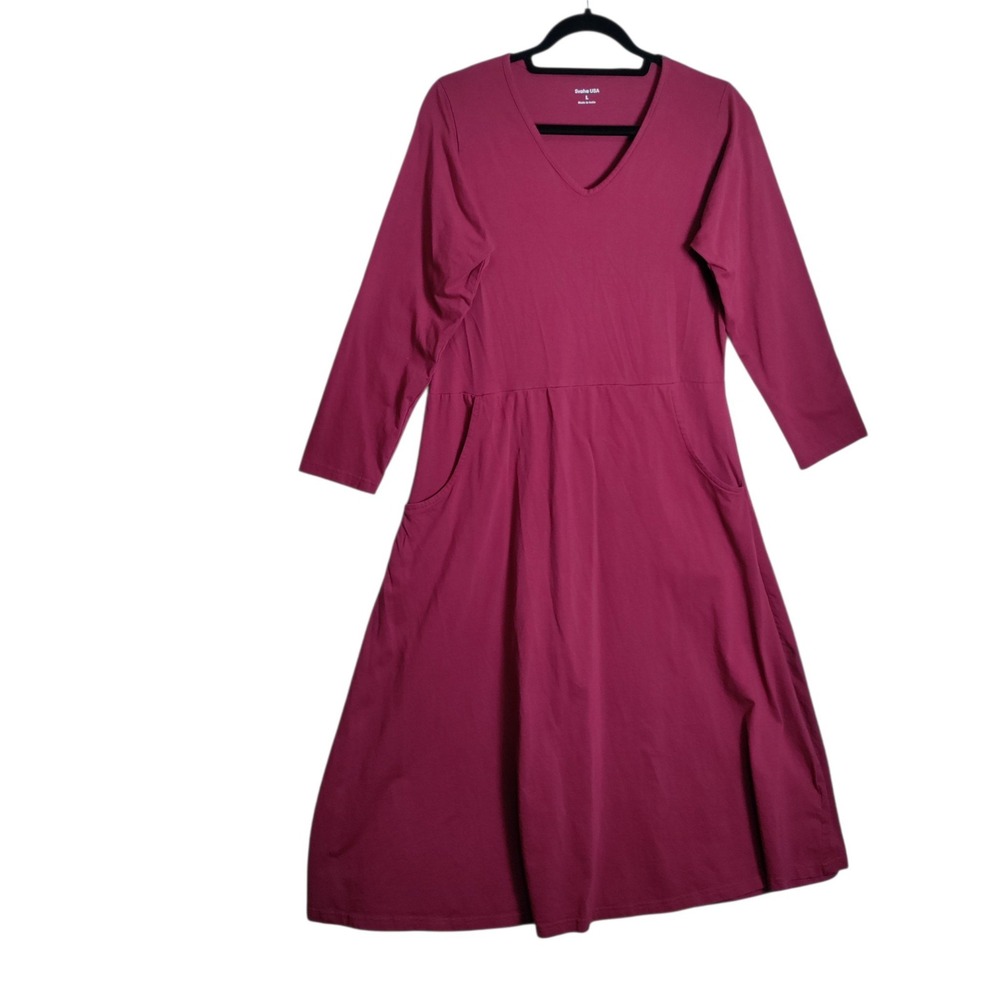 Svaha USA Magenta Pink Cotton V-Neck Long Sleeve Pocket Midi Dress Large